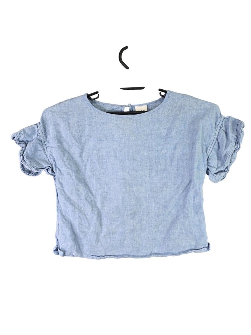 Womens Gap Blue Linen Blend Ruffle Sleeve Top Round Neck Button Keyhole Back S